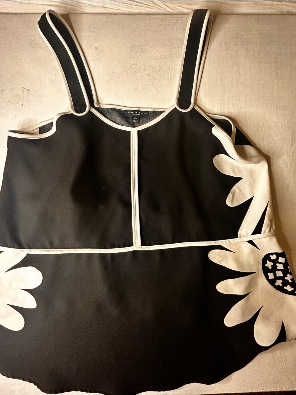 Black and White Floral Tank Top with Contrast Trim